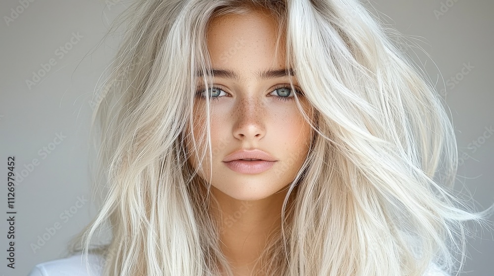 A beautiful portrait of a blonde model with long, voluminous platinum blonde hair. The studio lighting captures the soft waves and high-volume texture, with a clean grey background and the model A beautiful portrait of a blonde model with long, voluminous platinum blonde hair. The studio lighting captures the soft waves and high-volume texture, with a clean grey background and the model