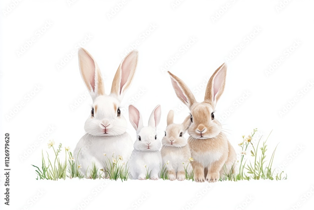 Watercolor painting of a family of rabbits sitting in the grass Watercolor painting of a family of rabbits sitting in the grass