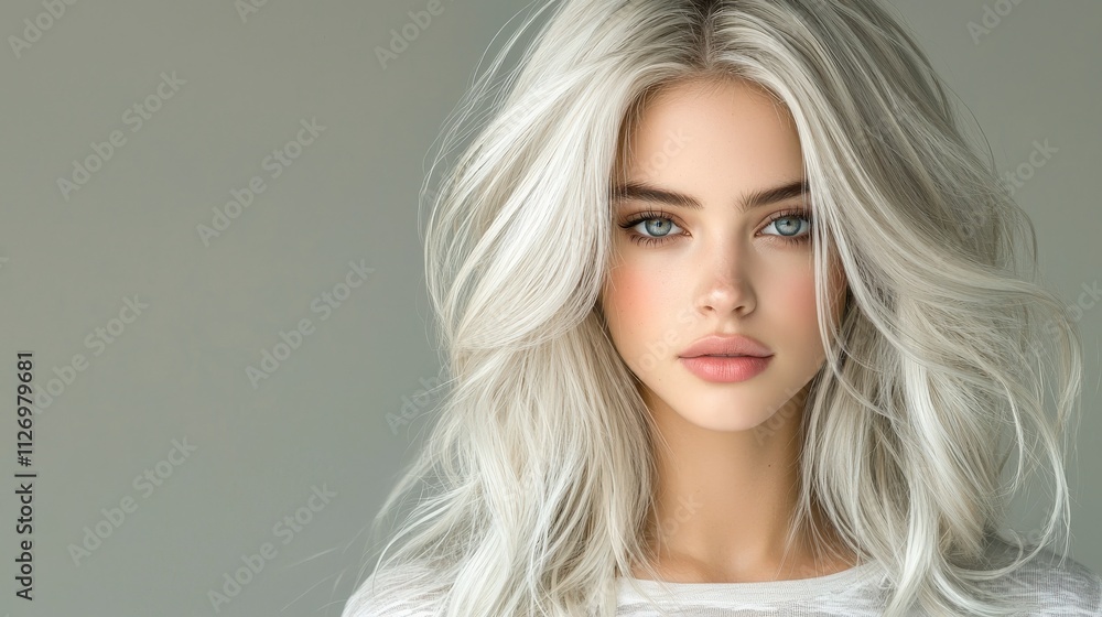 A beautiful portrait of a blonde model with long, voluminous platinum blonde hair. The studio lighting captures the soft waves and high-volume texture, with a clean grey background and the model A beautiful portrait of a blonde model with long, voluminous platinum blonde hair. The studio lighting captures the soft waves and high-volume texture, with a clean grey background and the model