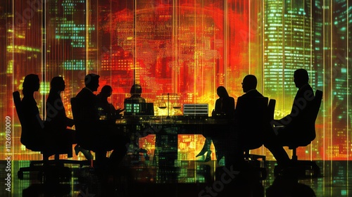 Silhouetted figures in a meeting against a vibrant digital backdrop.