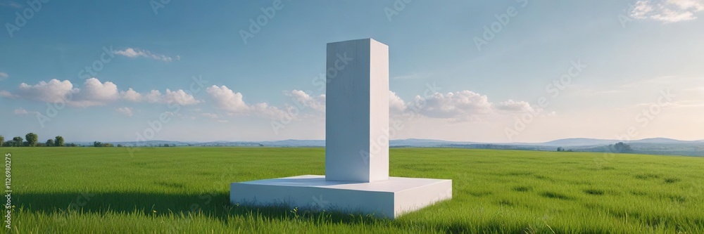 Modern white pedestal on green field with clear blue sky, scene, platform, environment, modern Modern white pedestal on green field with clear blue sky, scene, platform, environment, modern