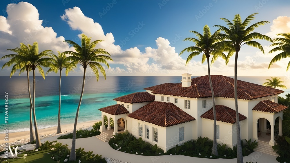 Fototapeta premium /imagine: A luxurious villa surrounded by swaying palm trees, overlooking a crystal-clear ocean with a radiant blue sky and scattered fluffy white clouds, on a sunlit day --ar 3:2 --v 4