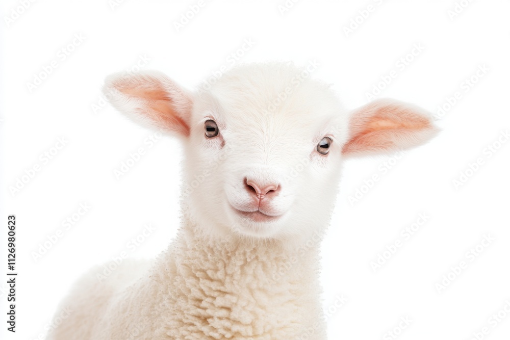 Close-up portrait of a fluffy white lamb posing against a white background, creating a serene and innocent image Close-up portrait of a fluffy white lamb posing against a white background, creating a serene and innocent image