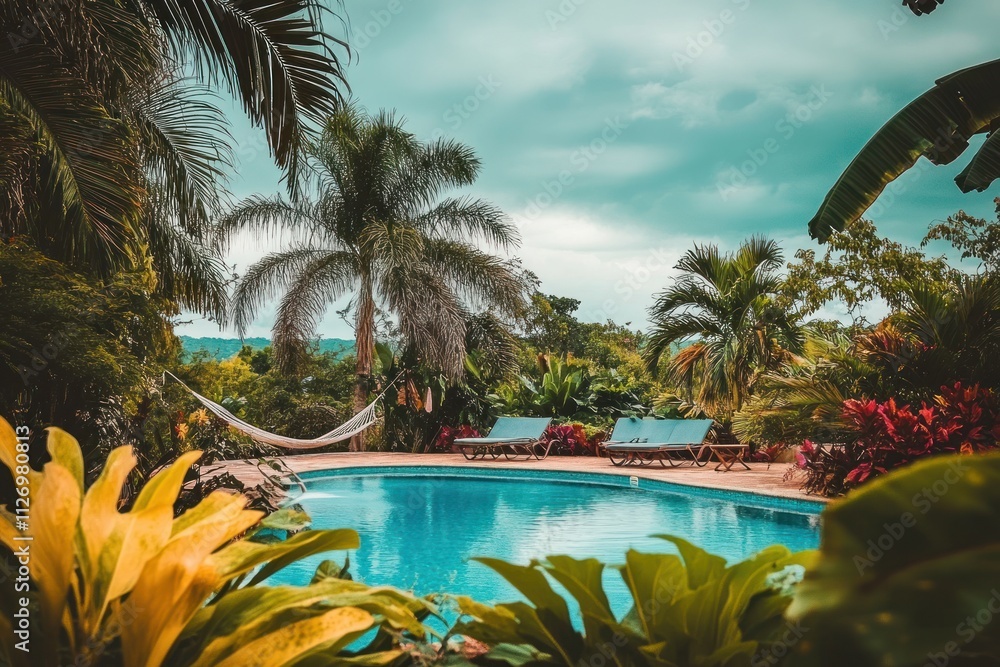 Fototapeta premium A serene poolside scene surrounded by lush tropical plants and a hammock for relaxation.