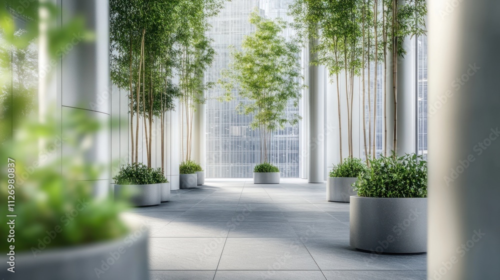 A serene urban space featuring greenery in modern planters amidst tall buildings. A serene urban space featuring greenery in modern planters amidst tall buildings.
