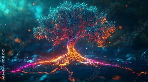 Resilience: A vibrant, glowing tree with roots ablaze, symbolizes strength and life's enduring power.