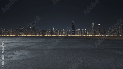 Nighttime city skyline with illuminated buildings against a dark sky.