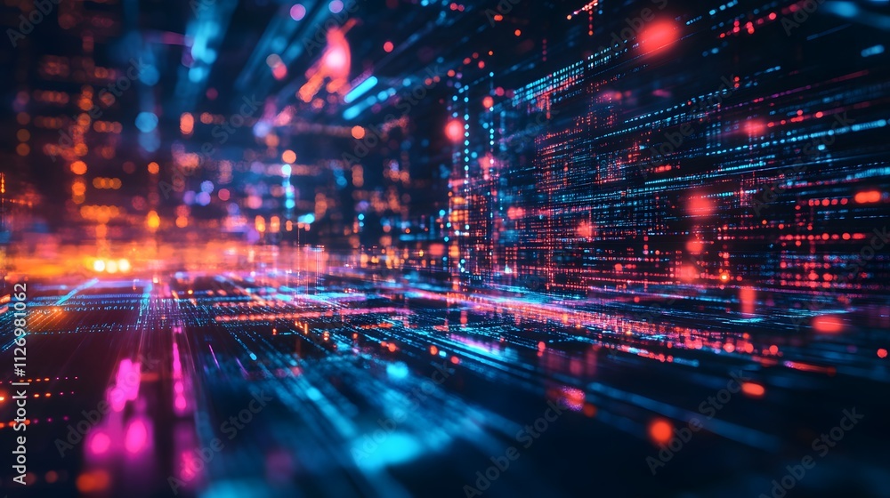 Obraz premium Neon digital streams flow, creating a vibrant, futuristic cityscape. Data pulses with energy.