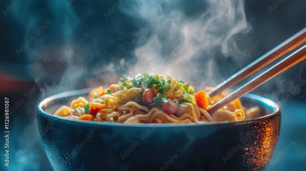 steaming bowl of ramen with vegetables and herbs, inviting aroma steaming bowl of ramen with vegetables and herbs, inviting aroma