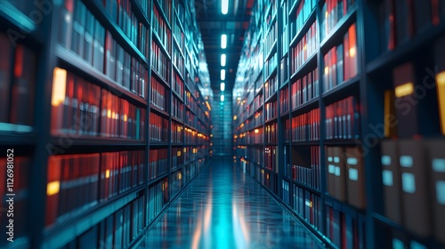 Endless Rows of Knowledge: A mesmerizing archive of countless books under vibrant lighting.