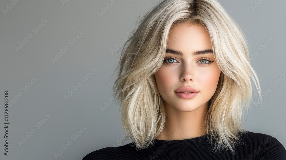 Close-up studio shot of a blonde model with full-volume, platinum hair styled in loose waves. The slightly faded roots create an elegant contrast with the hair’s vibrancy, captured in beautiful Close-up studio shot of a blonde model with full-volume, platinum hair styled in loose waves. The slightly faded roots create an elegant contrast with the hair’s vibrancy, captured in beautiful