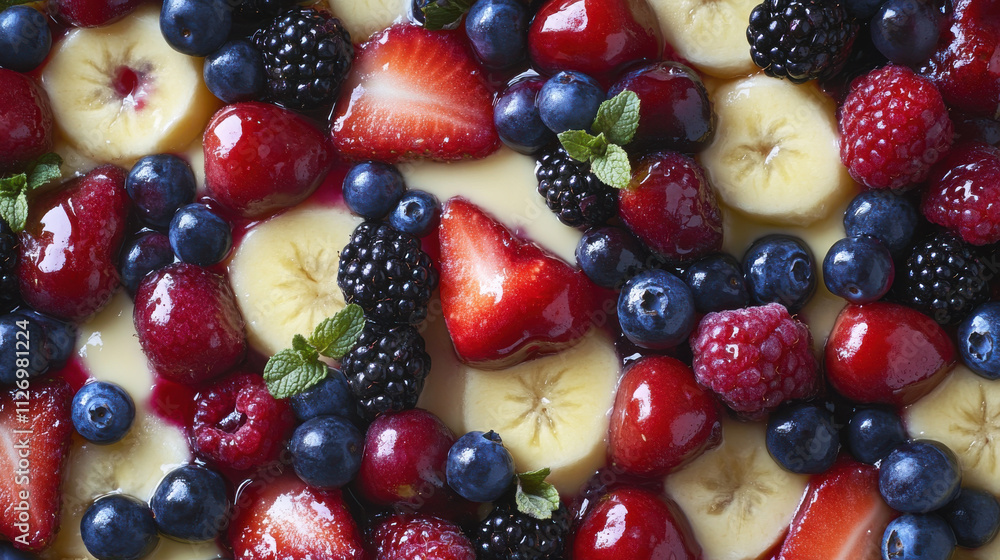 Fresh fruit tart with strawberries, blueberries, raspberries, and bananas Fresh fruit tart with strawberries, blueberries, raspberries, and bananas