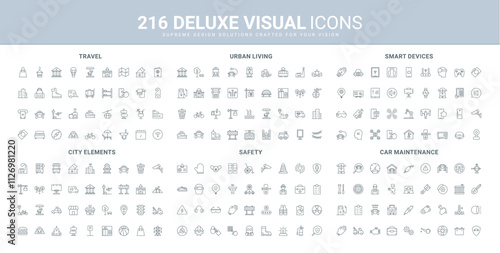 Travel, personal safety protection, car service line icon set. Video and audio device remote control in smart home, urban infrastructure and buildings thin black outline symbols vector illustration