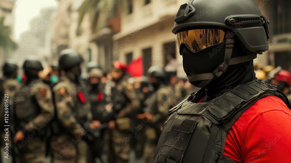 Martial Law Concept, Tense Standoff Scene with Civilians Protesting and Law Enforcement in Urban Environment Martial Law Concept, Tense Standoff Scene with Civilians Protesting and Law Enforcement in Urban Environment