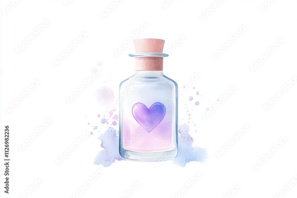 Pink and purple love potion with heart floating inside a glass bottle with cork lid, watercolor painting on white background Pink and purple love potion with heart floating inside a glass bottle with cork lid, watercolor painting on white background