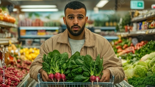 A man holds fresh greens in a grocery cart, surrounded by colorful produce in a market.