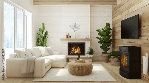 Cozy Modern Farmhouse Living Room with Fireplace and Plants