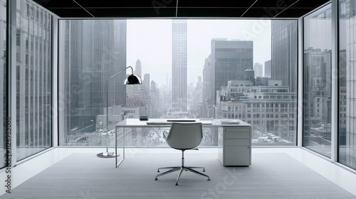 Modern office space with a minimalist design and a city view through large windows.