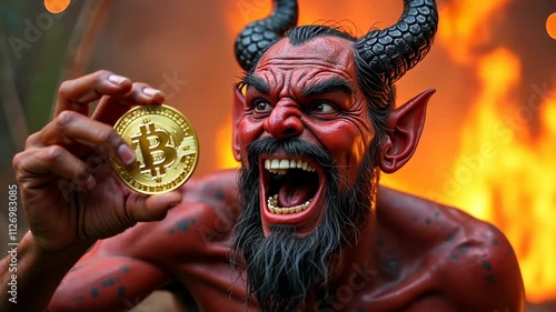 The fire demon holds a bitcoin in the forest, demonstrating greed and avarice and deception.