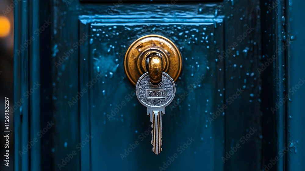 Fototapeta premium Teal Door Keyhole Closeup Photo
