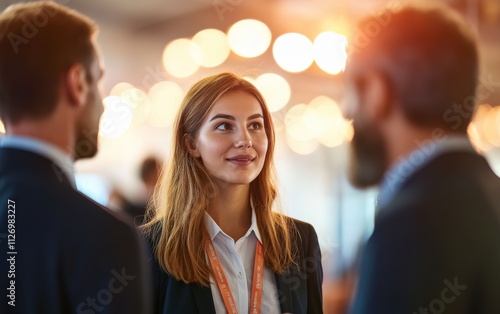 At a trade show, a young woman confidently interacts with colleagues, excited to enhance her communication and networking skills.