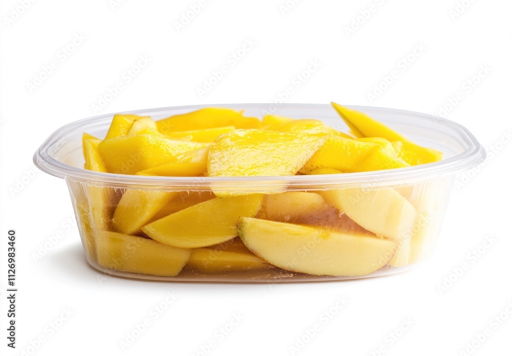 A container filled with sliced yellow mangoes, ready for consumption. A container filled with sliced yellow mangoes, ready for consumption.
