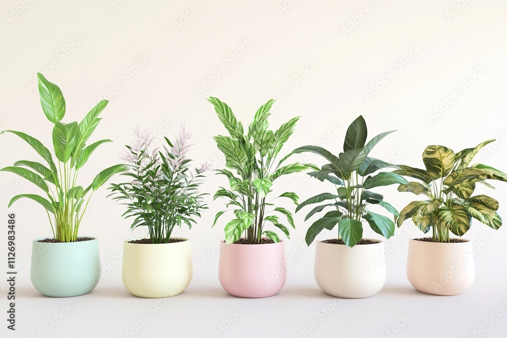 Fototapeta premium set of 3d-rendered ceramic planters in pastel tones filled with indoor plants