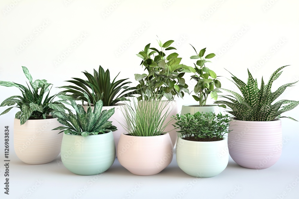 Fototapeta premium set of 3d-rendered ceramic planters in pastel tones filled with indoor plants
