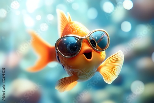 Happy goldfish wearing sunglasses underwater.