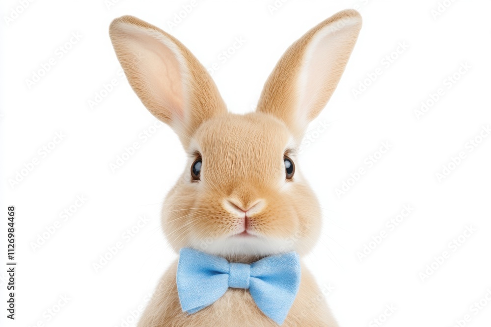 Obraz premium Close-up portrait of a cute rabbit wearing a blue bow tie, isolated on white background