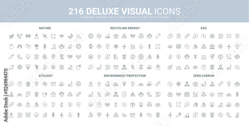 ESG responsibility and strategy, recycling energy, ecology protection line icon set. Carbon footprint, sustainable and renewable nature resources thin black outline symbols vector illustration