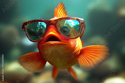 Cool goldfish wearing sunglasses underwater.