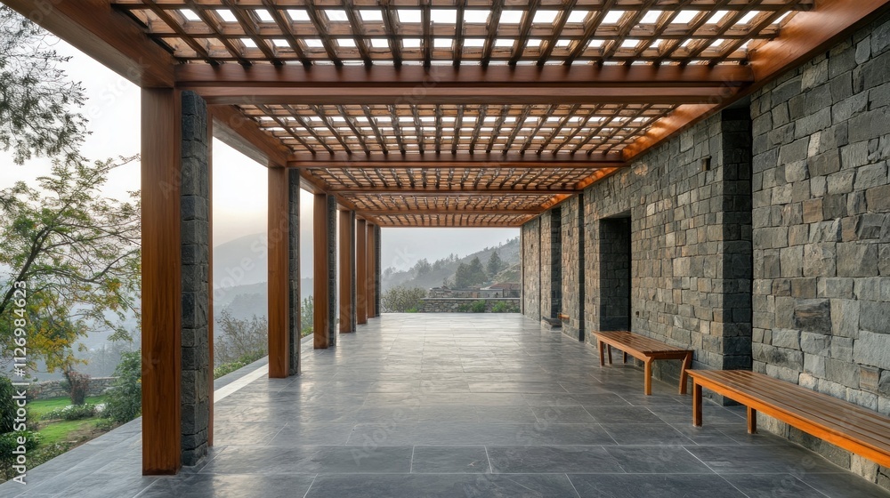 A modern architectural space with wooden beams and stone walls, designed for leisure and relaxation. A modern architectural space with wooden beams and stone walls, designed for leisure and relaxation.