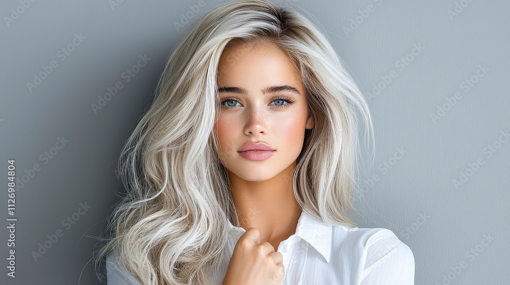 Captivating studio portrait of a blonde model with long, voluminous platinum blonde hair styled in soft waves. The grey background creates a stunning contrast with the vibrant hair color, and Captivating studio portrait of a blonde model with long, voluminous platinum blonde hair styled in soft waves. The grey background creates a stunning contrast with the vibrant hair color, and