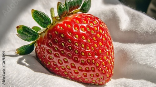 perfectly ripe strawberry rests on white linen photo