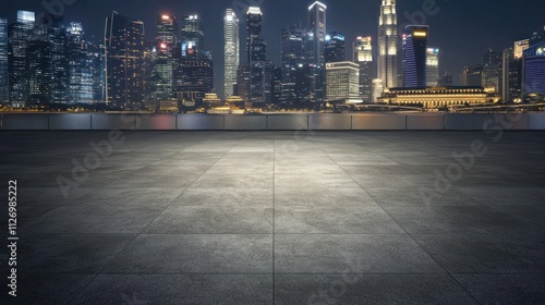 Urban skyline at night with a spacious, illuminated terrace in the foreground.