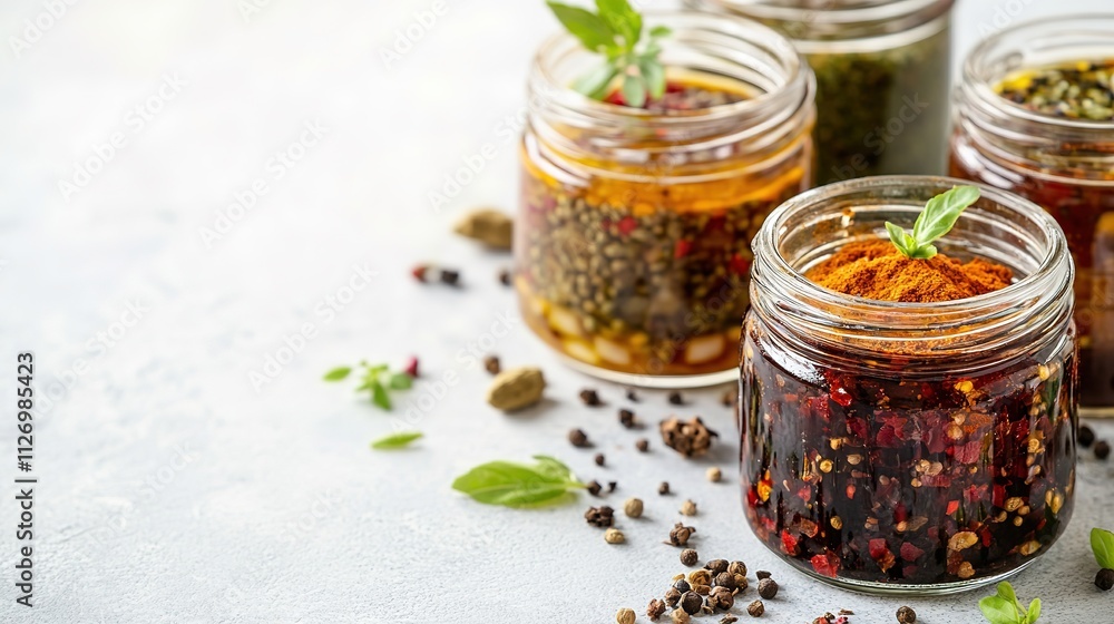 Assorted spices in jars on light background, copy space Assorted spices in jars on light background, copy space