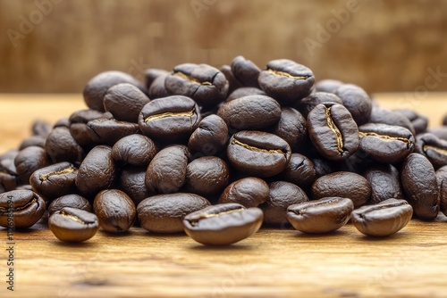 Close-up of dark roasted coffee beans on wood