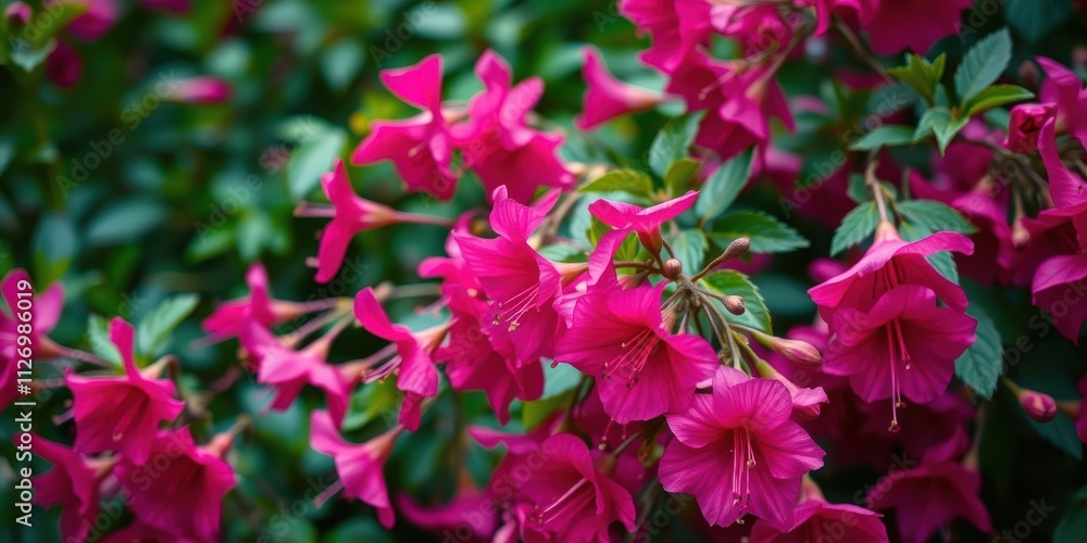 Vibrant fuchsia blossoms in full bloom, showcasing their intricate details against a backdrop of lush green foliage. Vibrant fuchsia blossoms in full bloom, showcasing their intricate details against a backdrop of lush green foliage.