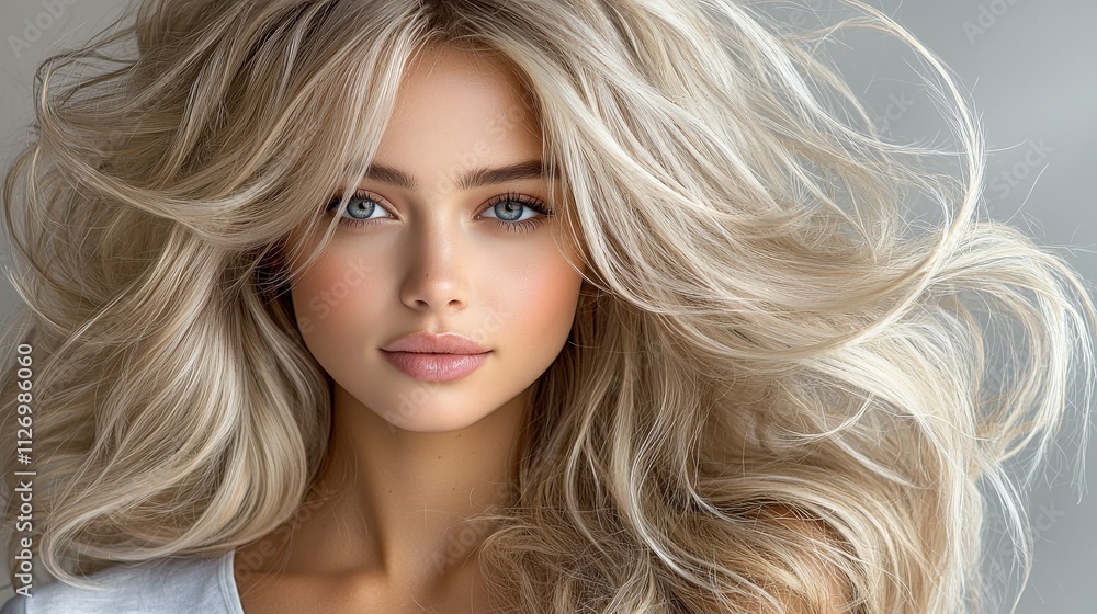 High-fashion studio portrait of a blonde model with vibrant, long, and voluminous hair styled in soft waves. The background is a smooth grey, with light focusing on the hair's stunning texture, High-fashion studio portrait of a blonde model with vibrant, long, and voluminous hair styled in soft waves. The background is a smooth grey, with light focusing on the hair's stunning texture,