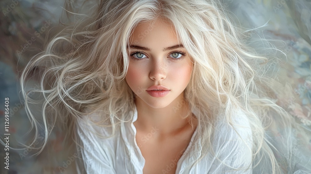 Portrait of a blonde model in a white shirt, her platinum blonde hair styled into voluminous waves. The soft studio lighting and grey backdrop create a striking contrast with her vibrant hair Portrait of a blonde model in a white shirt, her platinum blonde hair styled into voluminous waves. The soft studio lighting and grey backdrop create a striking contrast with her vibrant hair