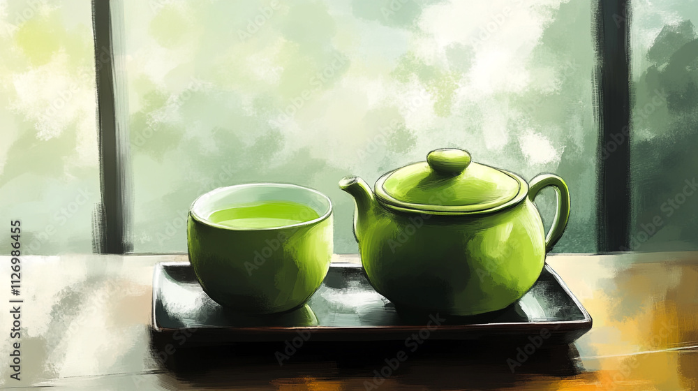 Green tea set on a wooden table near a window with soft light Green tea set on a wooden table near a window with soft light