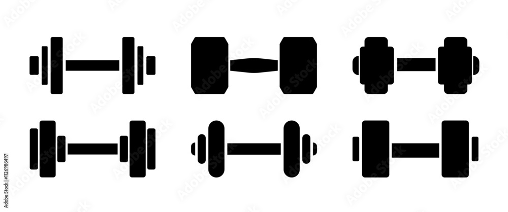 Isolate Black Dumbbell icon set. Weight Training symbol vector design. Black Gym Clip art, Health Infographic, Exercise Minimal icon for Web and Banner, vector stock Isolate Black Dumbbell icon set. Weight Training symbol vector design. Black Gym Clip art, Health Infographic, Exercise Minimal icon for Web and Banner, vector stock