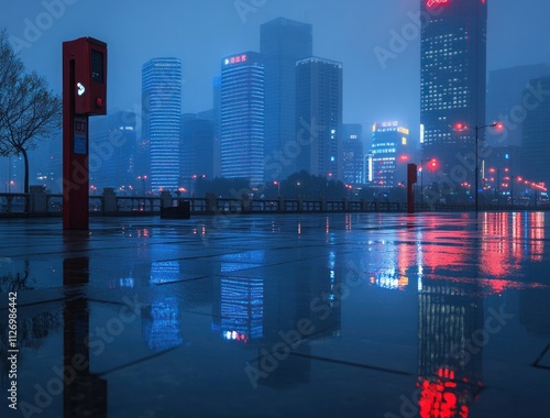 A misty cityscape with illuminated buildings reflecting on wet pavement at night.