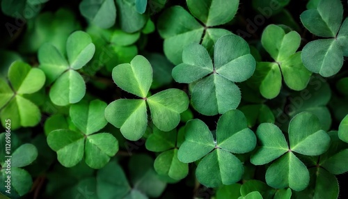 Vibrant Green Close-Up of Four Leaf and Three Leaf Clover Plants Symbolizing Luck, Prosperity, and Irish Heritage for St. Patrick's Day Celebrations, Nature Background for Seasonal Festivities