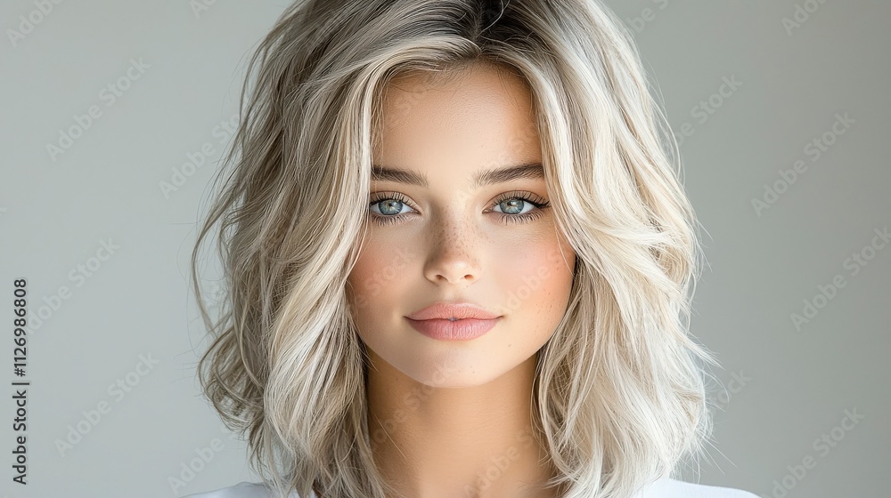 Naklejka premium Studio portrait of a blonde model with vibrant platinum blonde hair styled in soft waves. The model’s expression is calm, and the detailed lighting emphasizes the full volume of the hair with 