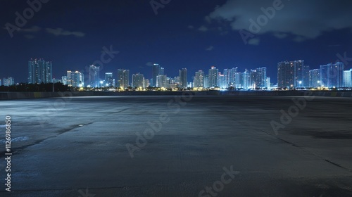 Nighttime city skyline with illuminated buildings against a dark sky.
