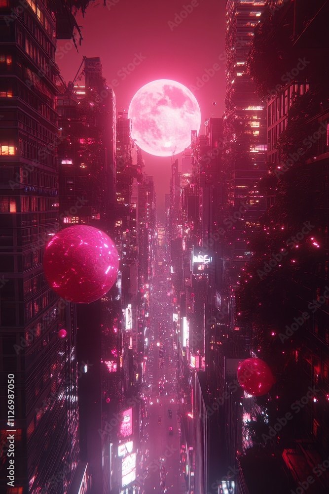 Surreal City Skyline with Massive Pink Moon Surreal City Skyline with Massive Pink Moon