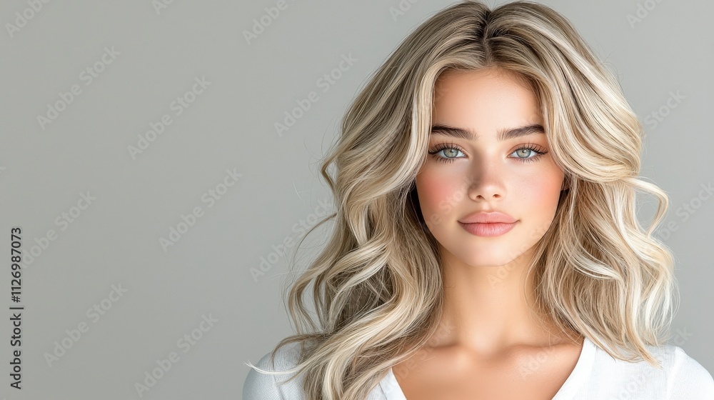 Stunning blonde model with platinum, voluminous hair in soft waves, slightly faded at the roots. The studio setting features soft lighting that emphasizes the model’s natural beauty in a white Stunning blonde model with platinum, voluminous hair in soft waves, slightly faded at the roots. The studio setting features soft lighting that emphasizes the model’s natural beauty in a white