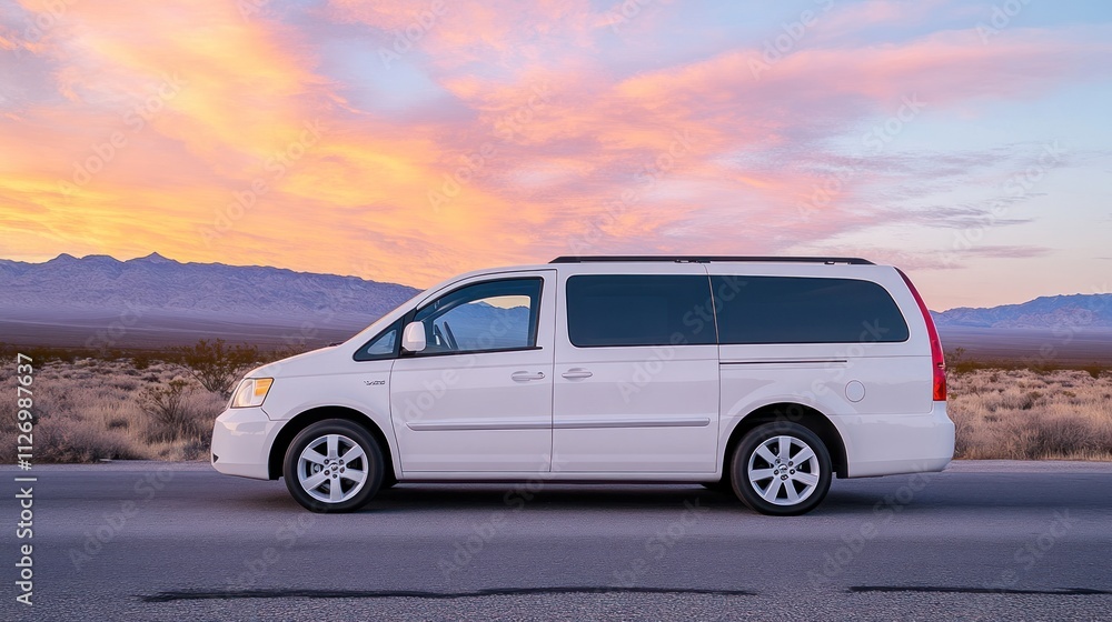 A white minivan parked on a roadside against a colorful sunset backdrop in a desert landscape. A white minivan parked on a roadside against a colorful sunset backdrop in a desert landscape.